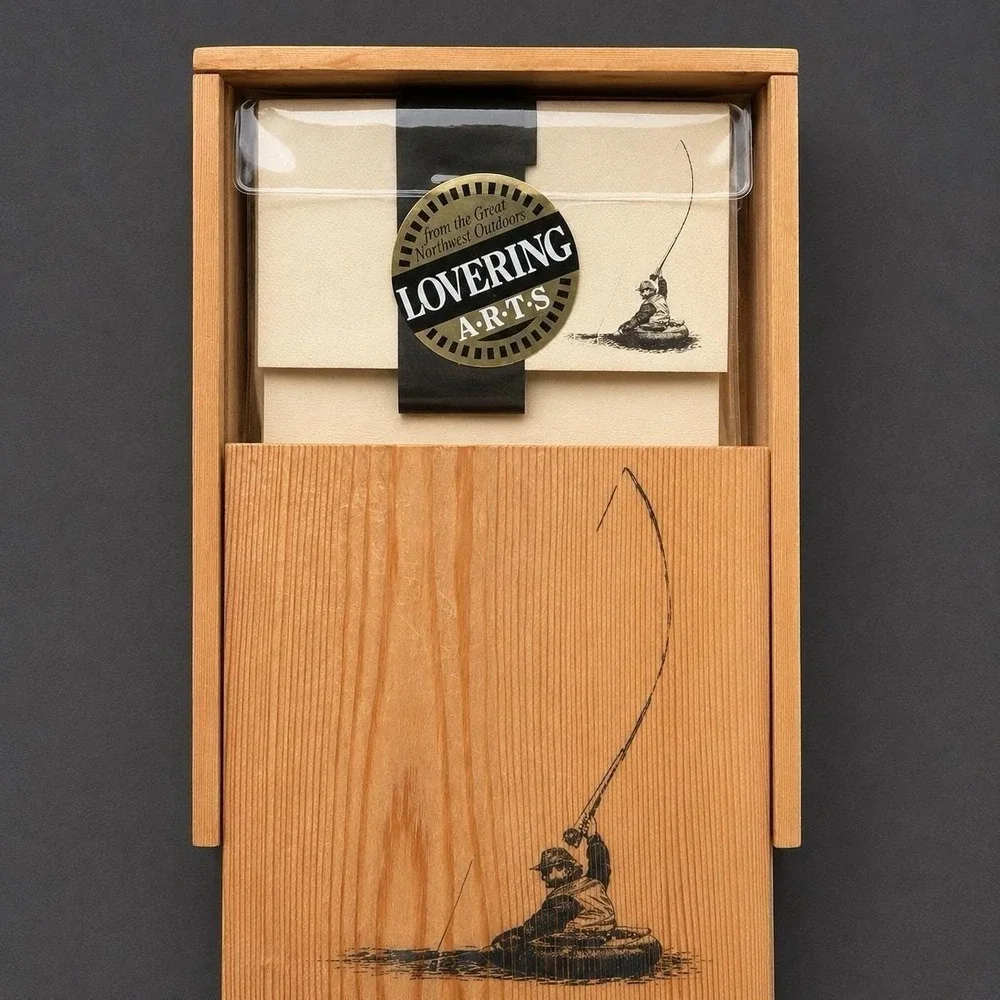 Vintage Lovering ARTS‎ Fly Fishing Stationery Set Wood Slide Top Box